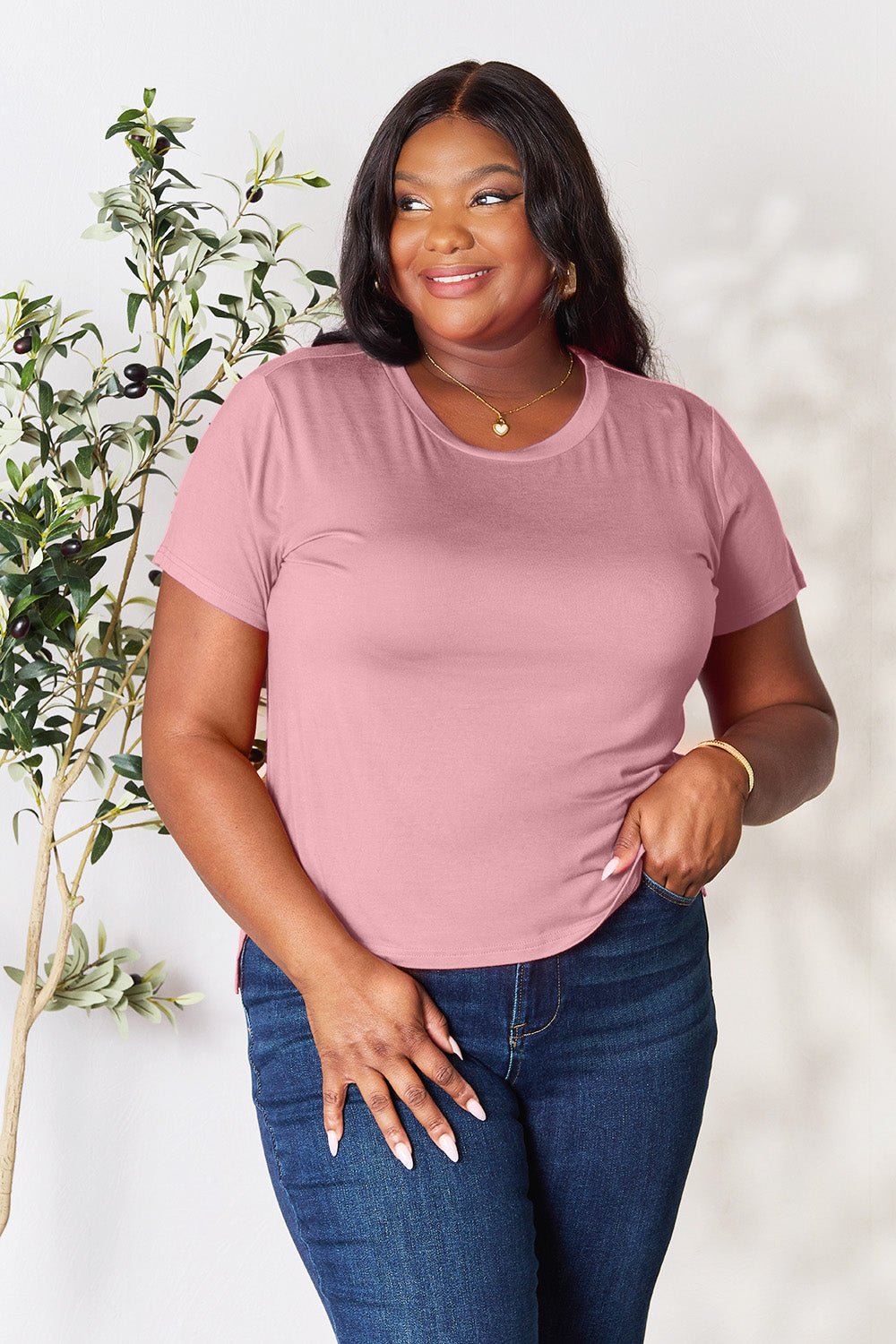 Basic Bae Full Size Round Neck Short Sleeve T - Shirt - Shirt - Dusty Pink - Bella Bourget