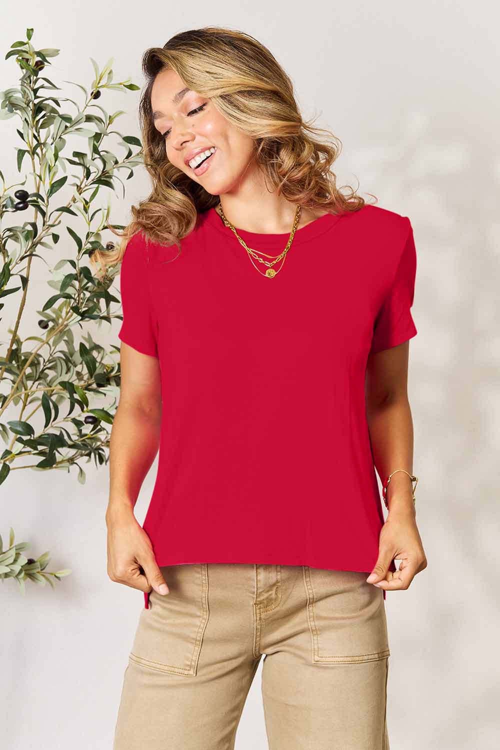 Basic Bae Full Size Round Neck Short Sleeve T - Shirt - Shirt - Red - Bella Bourget