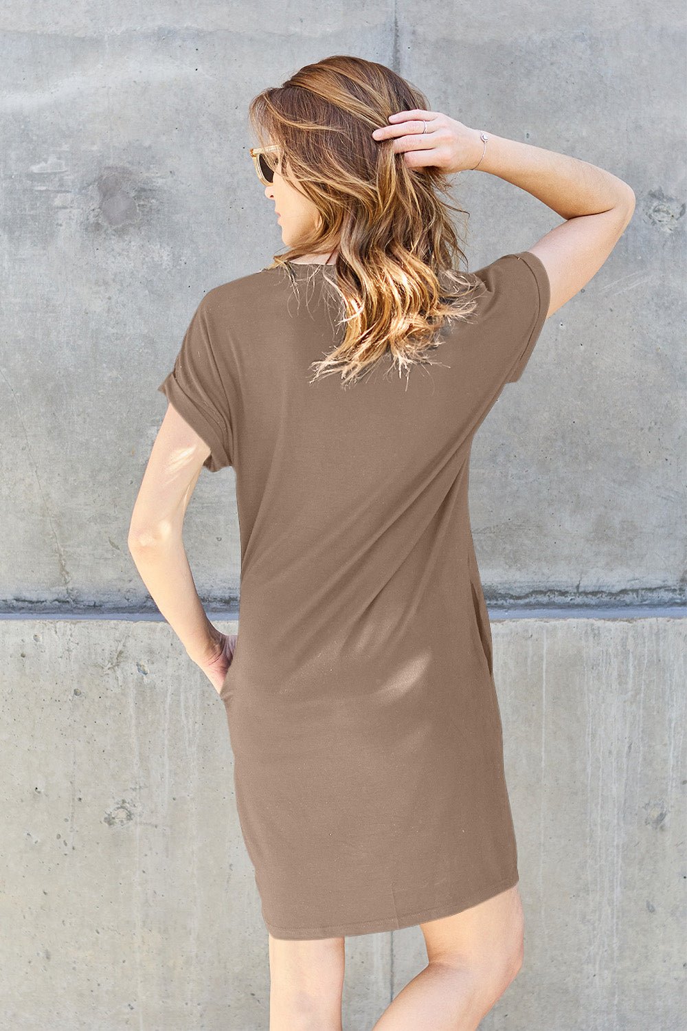 Basic Bae Full Size Round Neck Short Sleeve T - Shirt Dress with Pockets - Dress - Camel - Bella Bourget