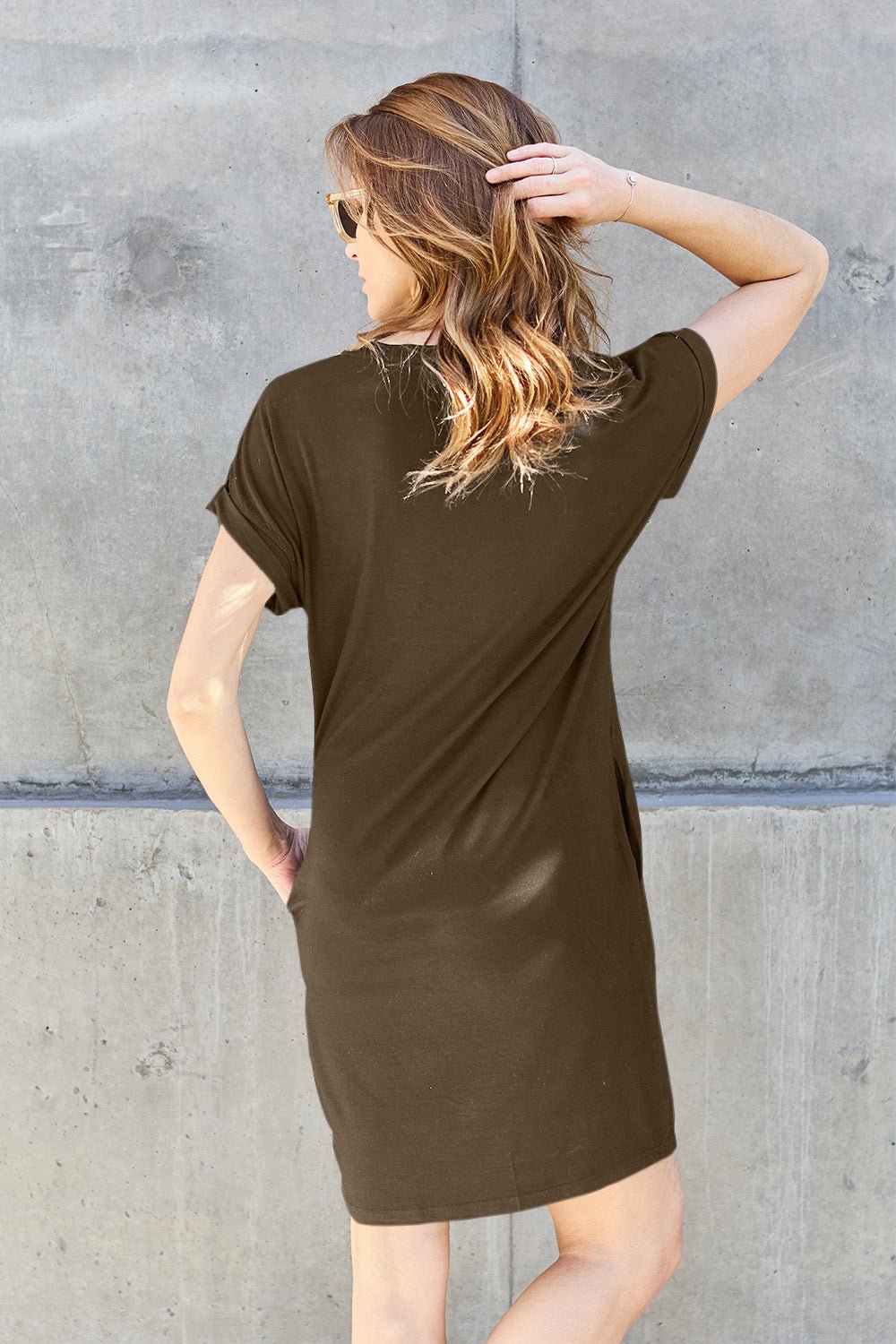 Basic Bae Full Size Round Neck Short Sleeve T - Shirt Dress with Pockets - Dress - Taupe - Bella Bourget