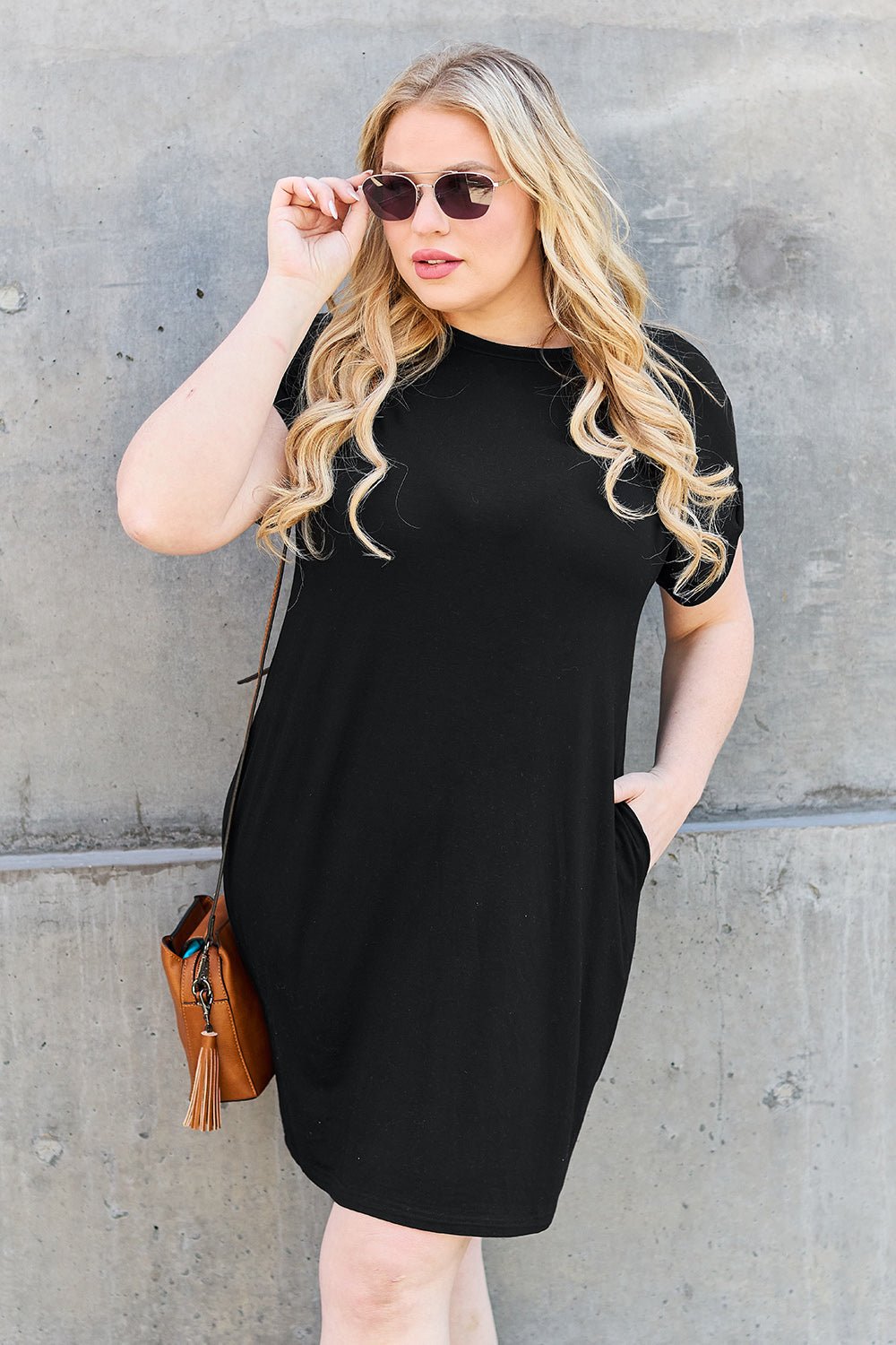 Basic Bae Full Size Round Neck Short Sleeve T - Shirt Dress with Pockets - Dress - Black - Bella Bourget