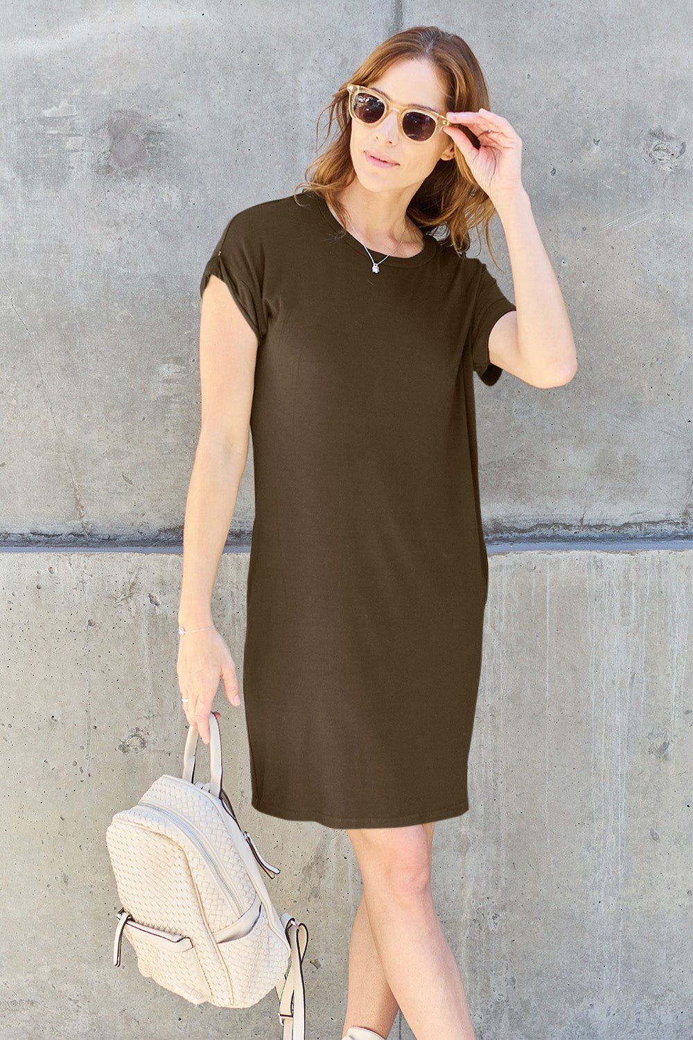 Basic Bae Full Size Round Neck Short Sleeve T - Shirt Dress with Pockets - Dress - Taupe - Bella Bourget