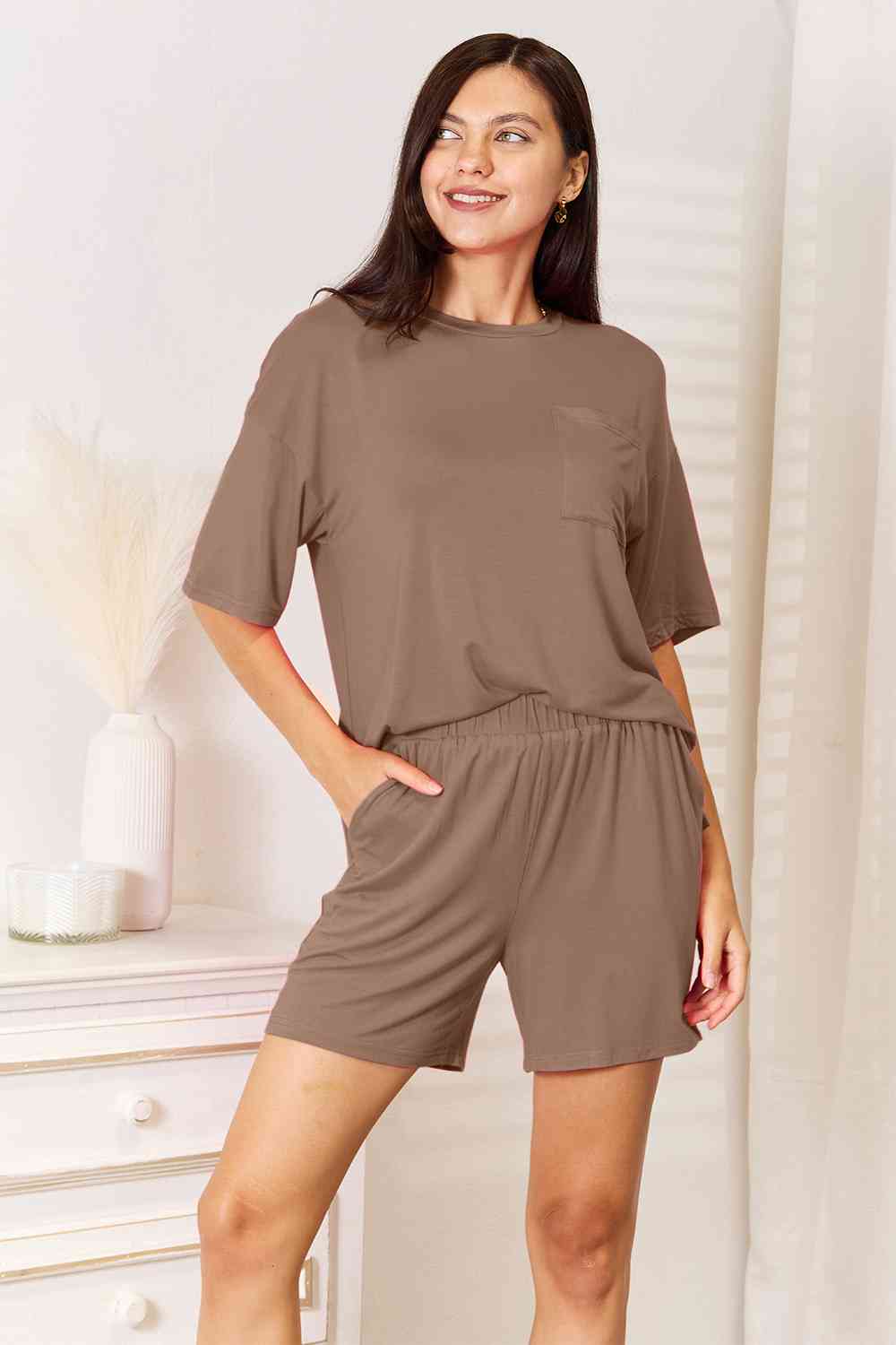 Basic Bae Full Size Soft Rayon Half Sleeve Top and Shorts Set - Two - Piece Set - Taupe - Bella Bourget