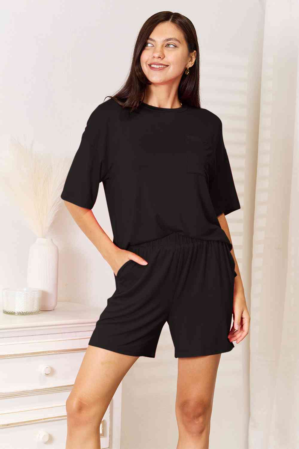 Basic Bae Full Size Soft Rayon Half Sleeve Top and Shorts Set - Two - Piece Set - Black - Bella Bourget
