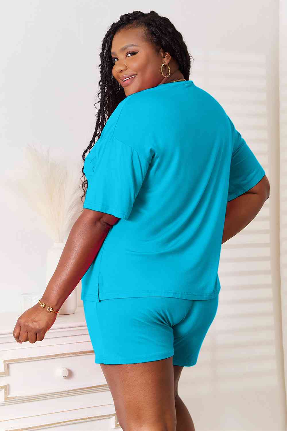 Basic Bae Full Size Soft Rayon Half Sleeve Top and Shorts Set - Two - Piece Set - Sky Blue - Bella Bourget
