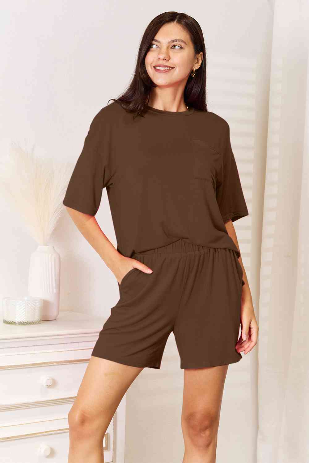 Basic Bae Full Size Soft Rayon Half Sleeve Top and Shorts Set - Two - Piece Set - Chocolate - Bella Bourget