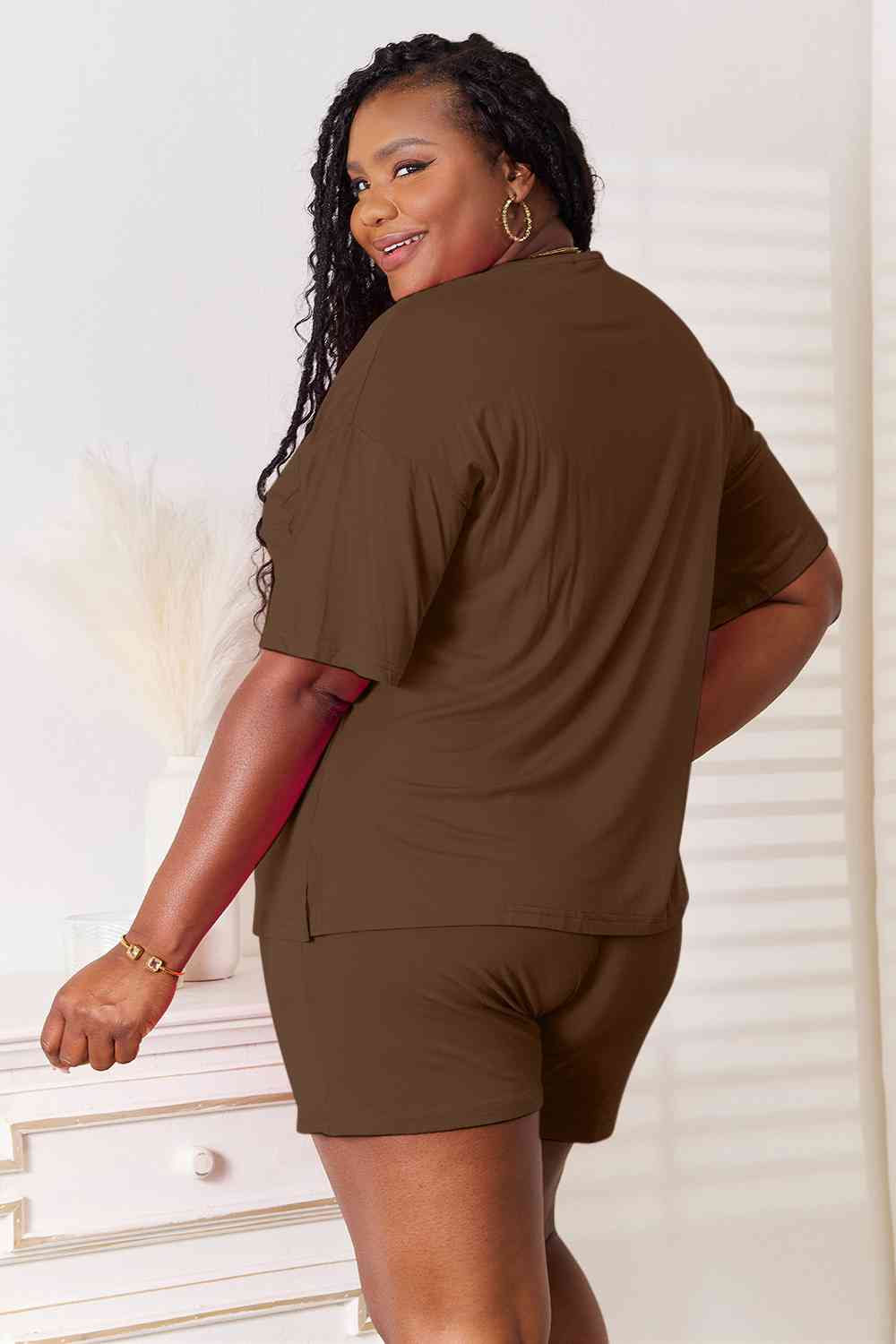 Basic Bae Full Size Soft Rayon Half Sleeve Top and Shorts Set - Two - Piece Set - Chocolate - Bella Bourget