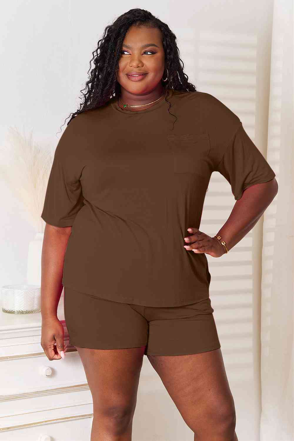 Basic Bae Full Size Soft Rayon Half Sleeve Top and Shorts Set - Two - Piece Set - Chocolate - Bella Bourget