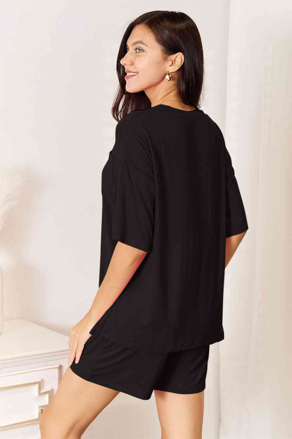 Basic Bae Full Size Soft Rayon Half Sleeve Top and Shorts Set - Two - Piece Set - Black - Bella Bourget