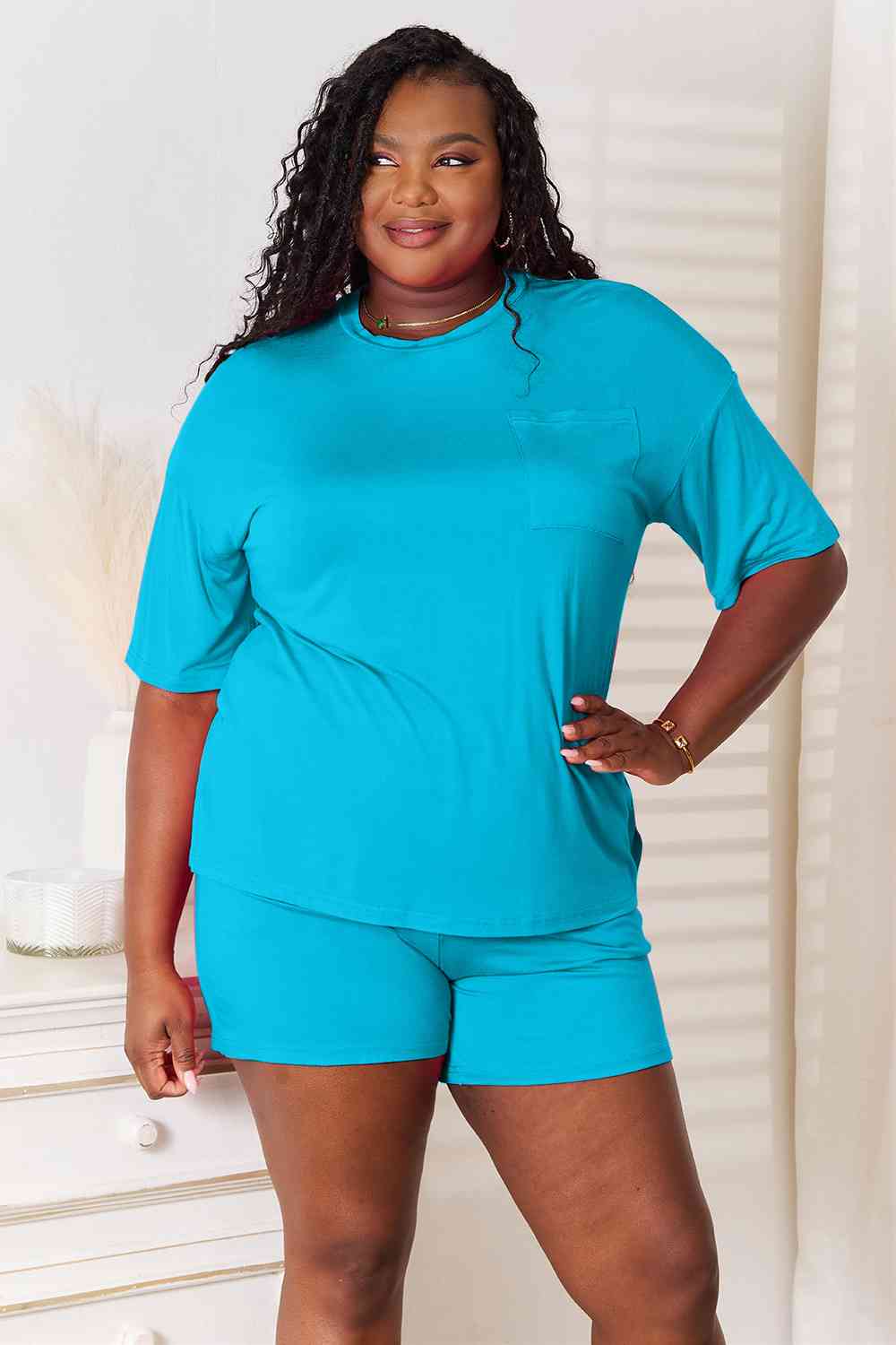 Basic Bae Full Size Soft Rayon Half Sleeve Top and Shorts Set - Two - Piece Set - Sky Blue - Bella Bourget