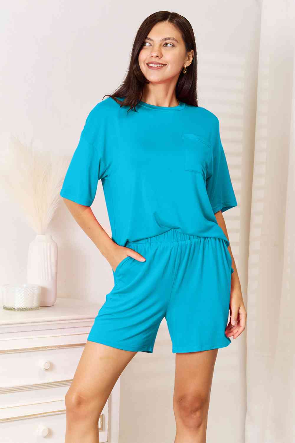 Basic Bae Full Size Soft Rayon Half Sleeve Top and Shorts Set - Two - Piece Set - Sky Blue - Bella Bourget