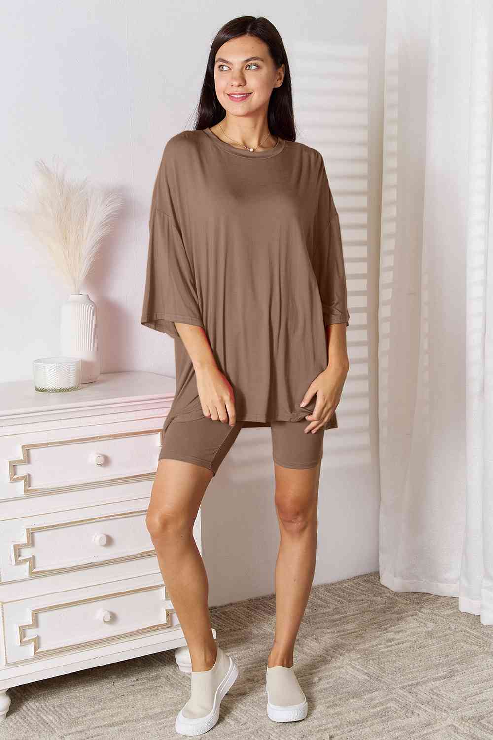 Basic Bae Full Size Soft Rayon Three - Quarter Sleeve Top and Shorts Set - Two - Piece Set - Taupe - Bella Bourget