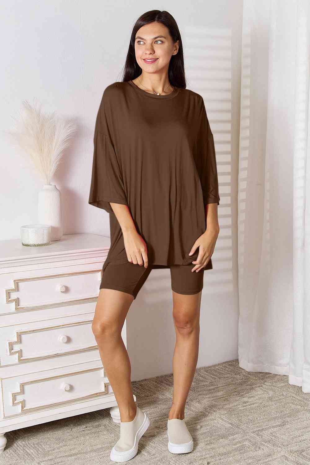 Basic Bae Full Size Soft Rayon Three - Quarter Sleeve Top and Shorts Set - Two - Piece Set - Taupe - Bella Bourget