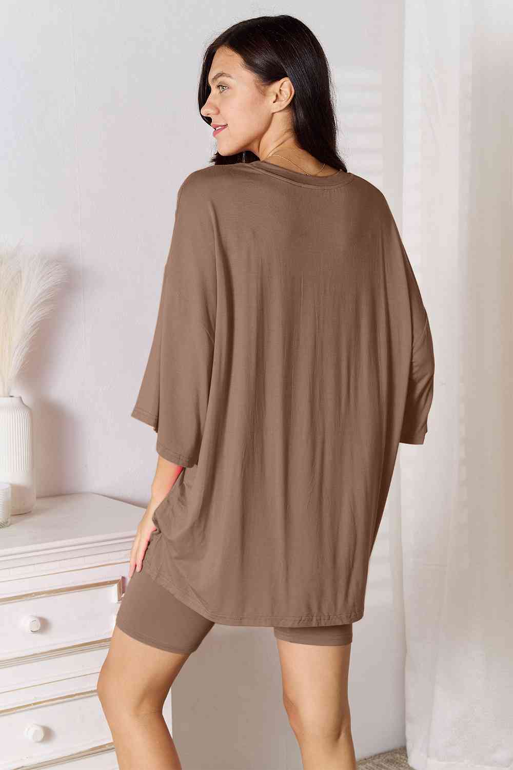 Basic Bae Full Size Soft Rayon Three - Quarter Sleeve Top and Shorts Set - Two - Piece Set - Taupe - Bella Bourget