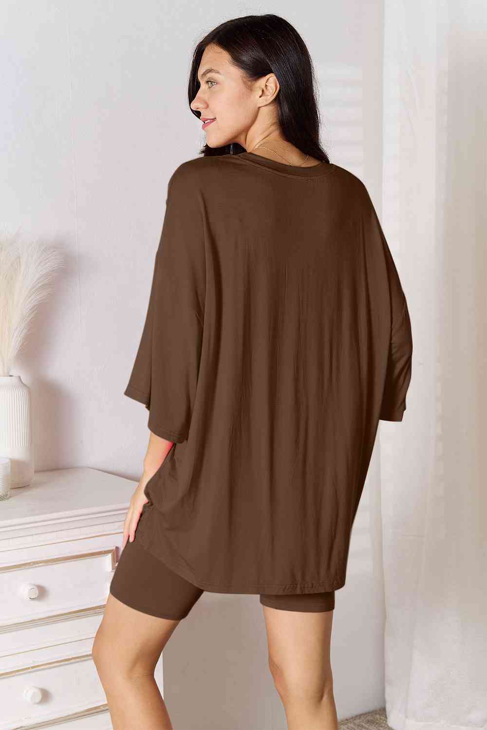 Basic Bae Full Size Soft Rayon Three - Quarter Sleeve Top and Shorts Set - Two - Piece Set - Taupe - Bella Bourget