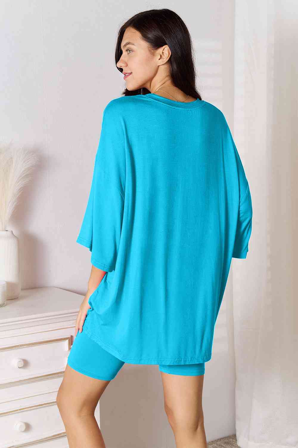 Basic Bae Full Size Soft Rayon Three - Quarter Sleeve Top and Shorts Set - Two - Piece Set - Sky Blue - Bella Bourget