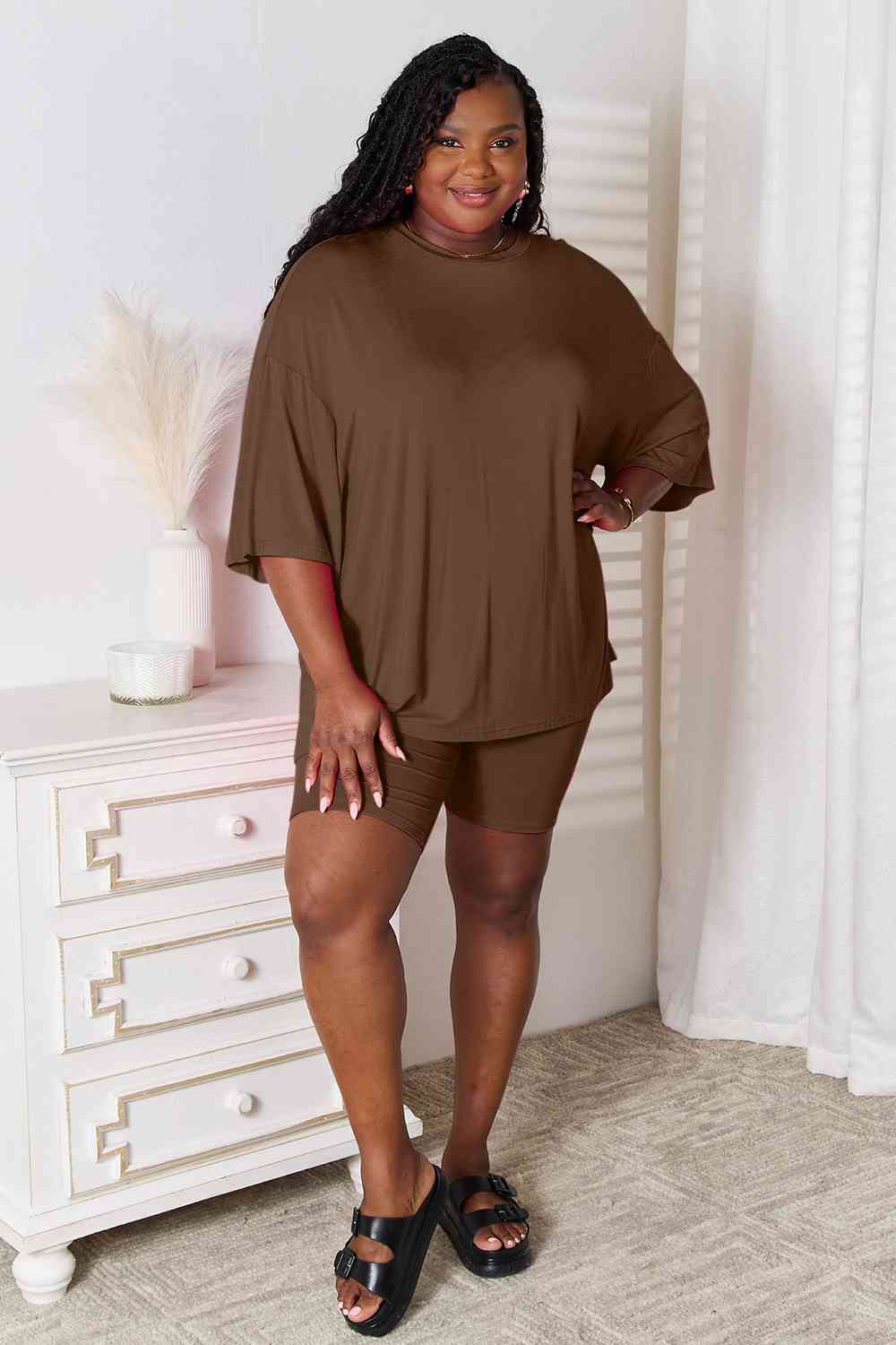 Basic Bae Full Size Soft Rayon Three - Quarter Sleeve Top and Shorts Set - Two - Piece Set - Chocolate - Bella Bourget