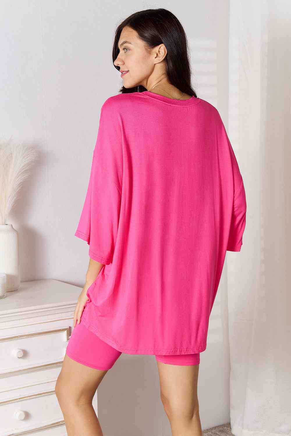 Basic Bae Full Size Soft Rayon Three - Quarter Sleeve Top and Shorts Set - Two - Piece Set - Hot Pink - Bella Bourget