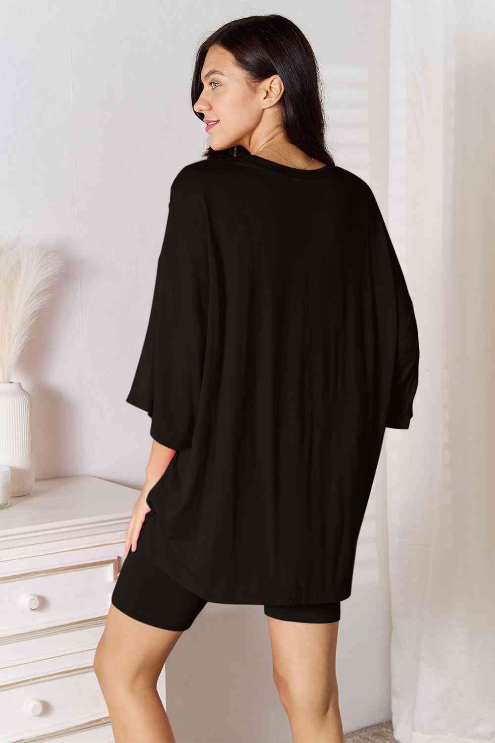 Basic Bae Full Size Soft Rayon Three - Quarter Sleeve Top and Shorts Set - Two - Piece Set - Black - Bella Bourget