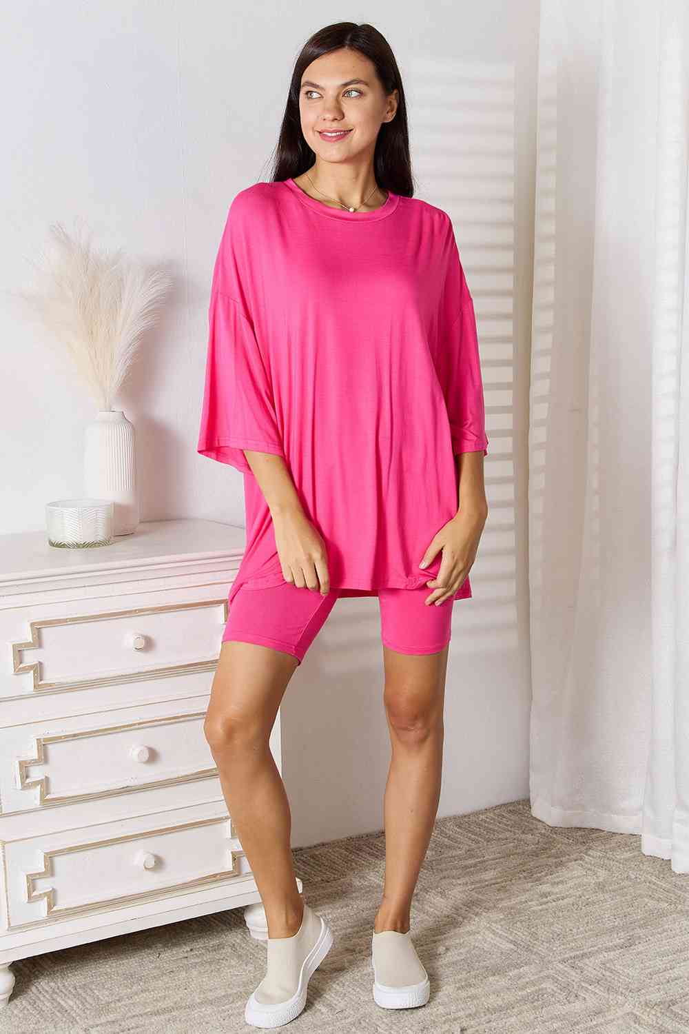 Basic Bae Full Size Soft Rayon Three - Quarter Sleeve Top and Shorts Set - Two - Piece Set - Hot Pink - Bella Bourget