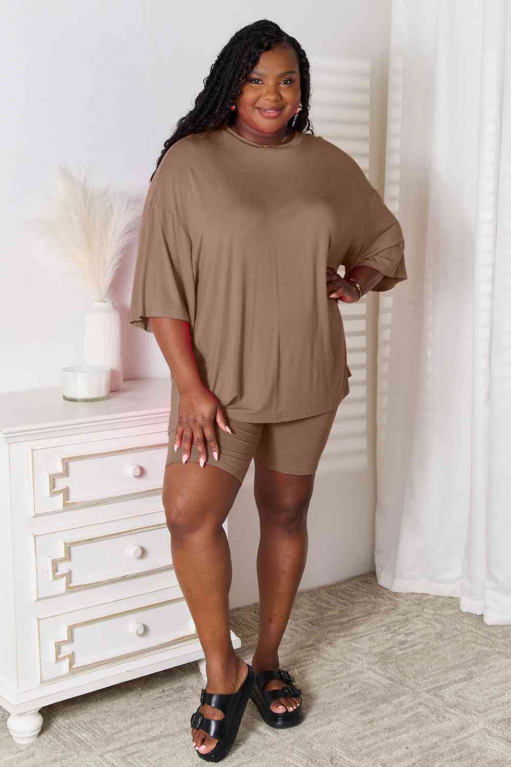Basic Bae Full Size Soft Rayon Three - Quarter Sleeve Top and Shorts Set - Two - Piece Set - Chocolate - Bella Bourget