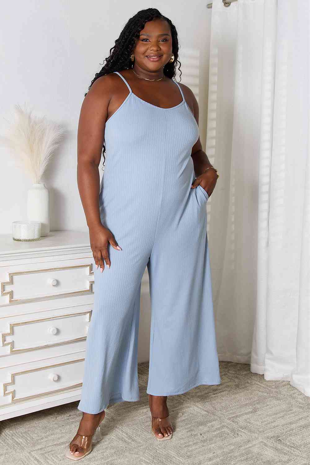 Basic Bae Full Size Spaghetti Strap V - Neck Jumpsuit - Jumpsuit - Misty Blue - Bella Bourget