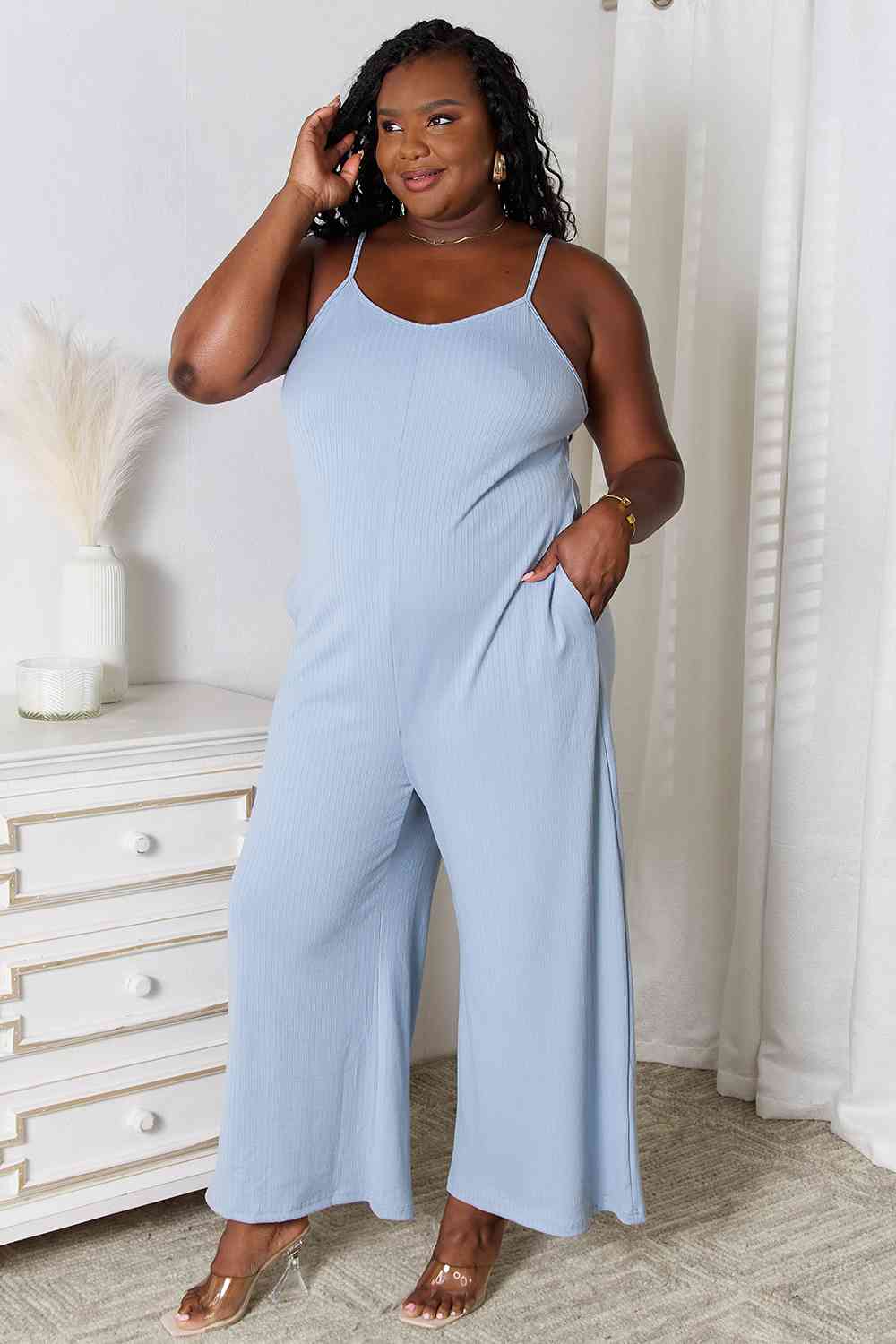 Basic Bae Full Size Spaghetti Strap V - Neck Jumpsuit - Jumpsuit - Misty Blue - Bella Bourget