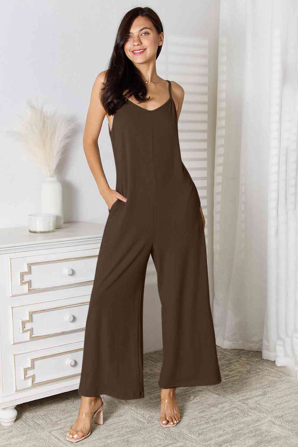 Basic Bae Full Size Spaghetti Strap V - Neck Jumpsuit - Jumpsuit - Chocolate - Bella Bourget