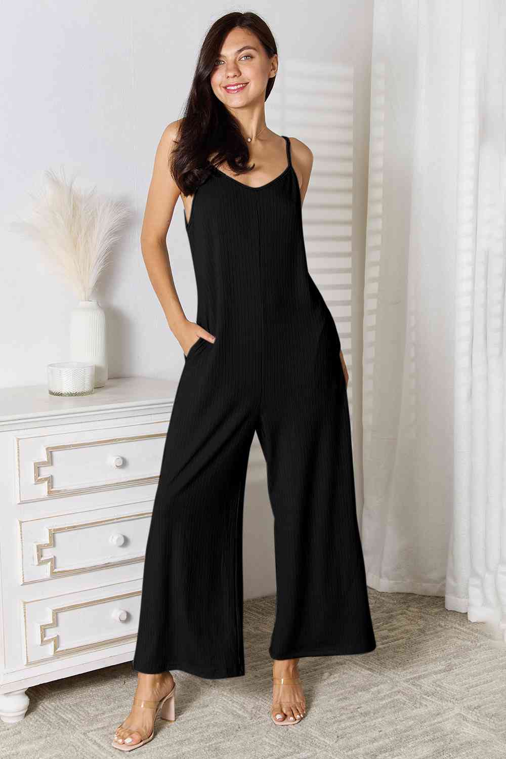 Basic Bae Full Size Spaghetti Strap V - Neck Jumpsuit - Jumpsuit - Black - Bella Bourget