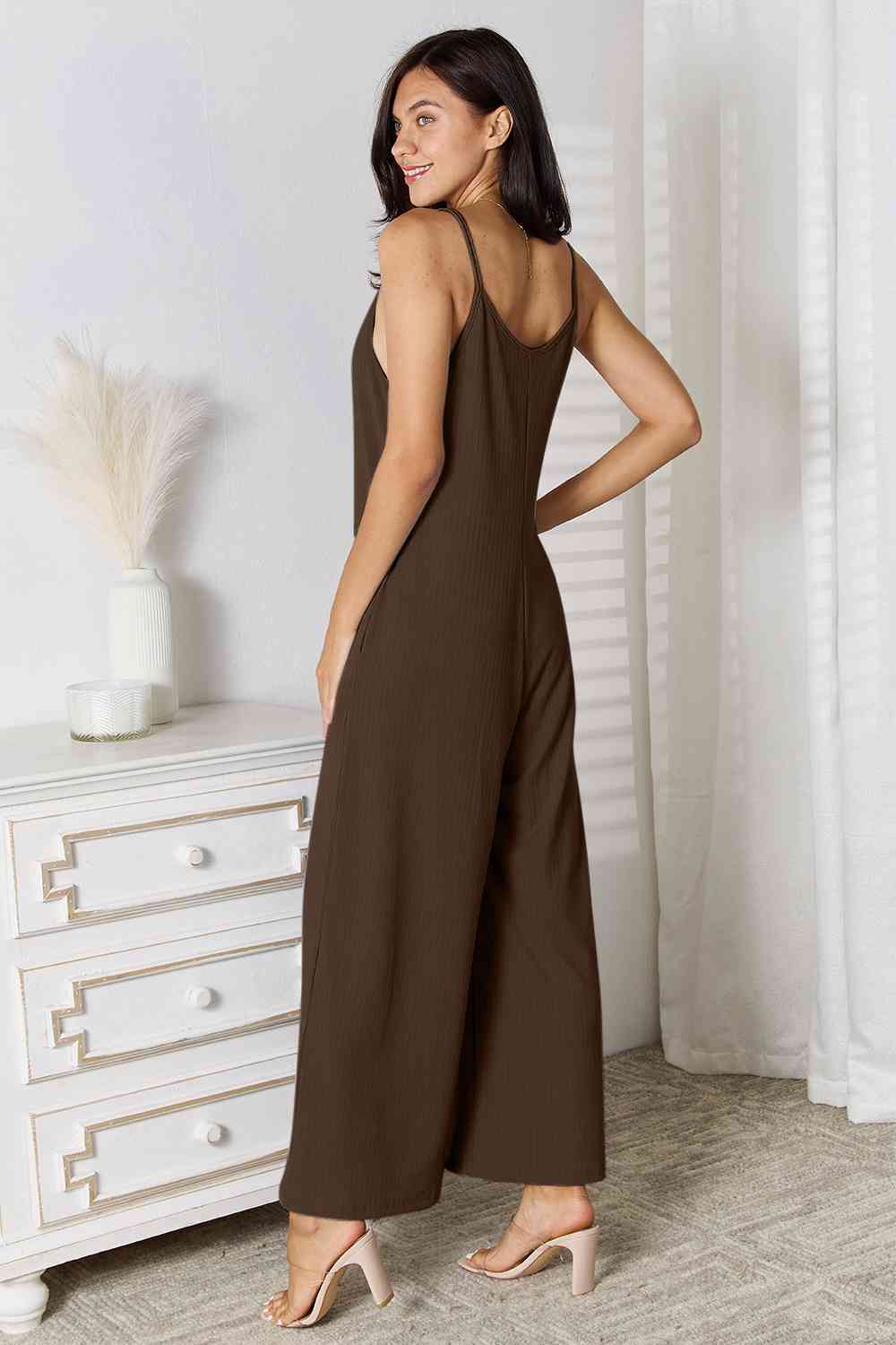 Basic Bae Full Size Spaghetti Strap V - Neck Jumpsuit - Jumpsuit - Chocolate - Bella Bourget