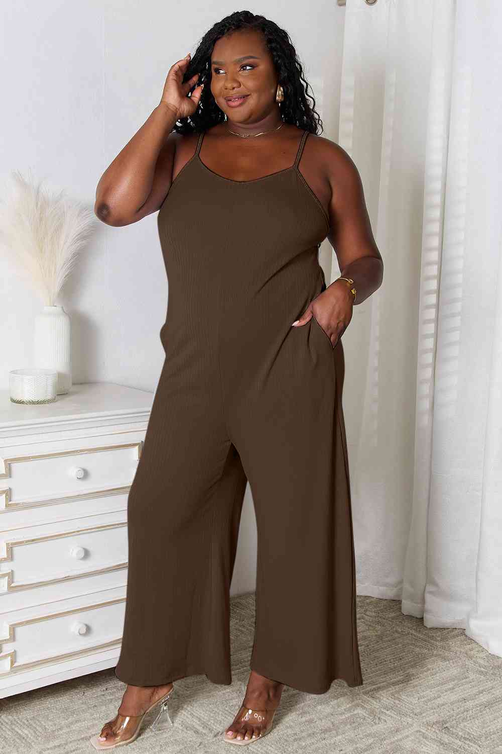 Basic Bae Full Size Spaghetti Strap V - Neck Jumpsuit - Jumpsuit - Chocolate - Bella Bourget