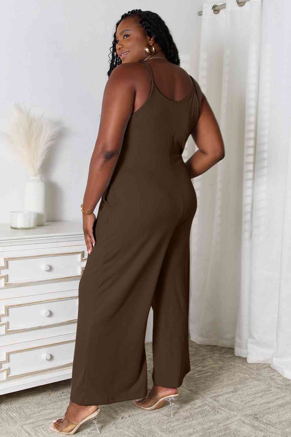 Basic Bae Full Size Spaghetti Strap V - Neck Jumpsuit - Jumpsuit - Chocolate - Bella Bourget