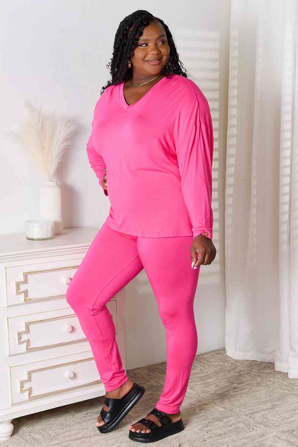 Basic Bae Full Size V - Neck Soft Rayon Long Sleeve Top and Pants Lounge Set - Two - Piece Set - Hot Pink - Bella Bourget