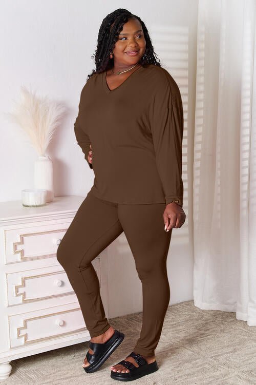 Basic Bae Full Size V - Neck Soft Rayon Long Sleeve Top and Pants Lounge Set - Two - Piece Set - Chocolate - Bella Bourget