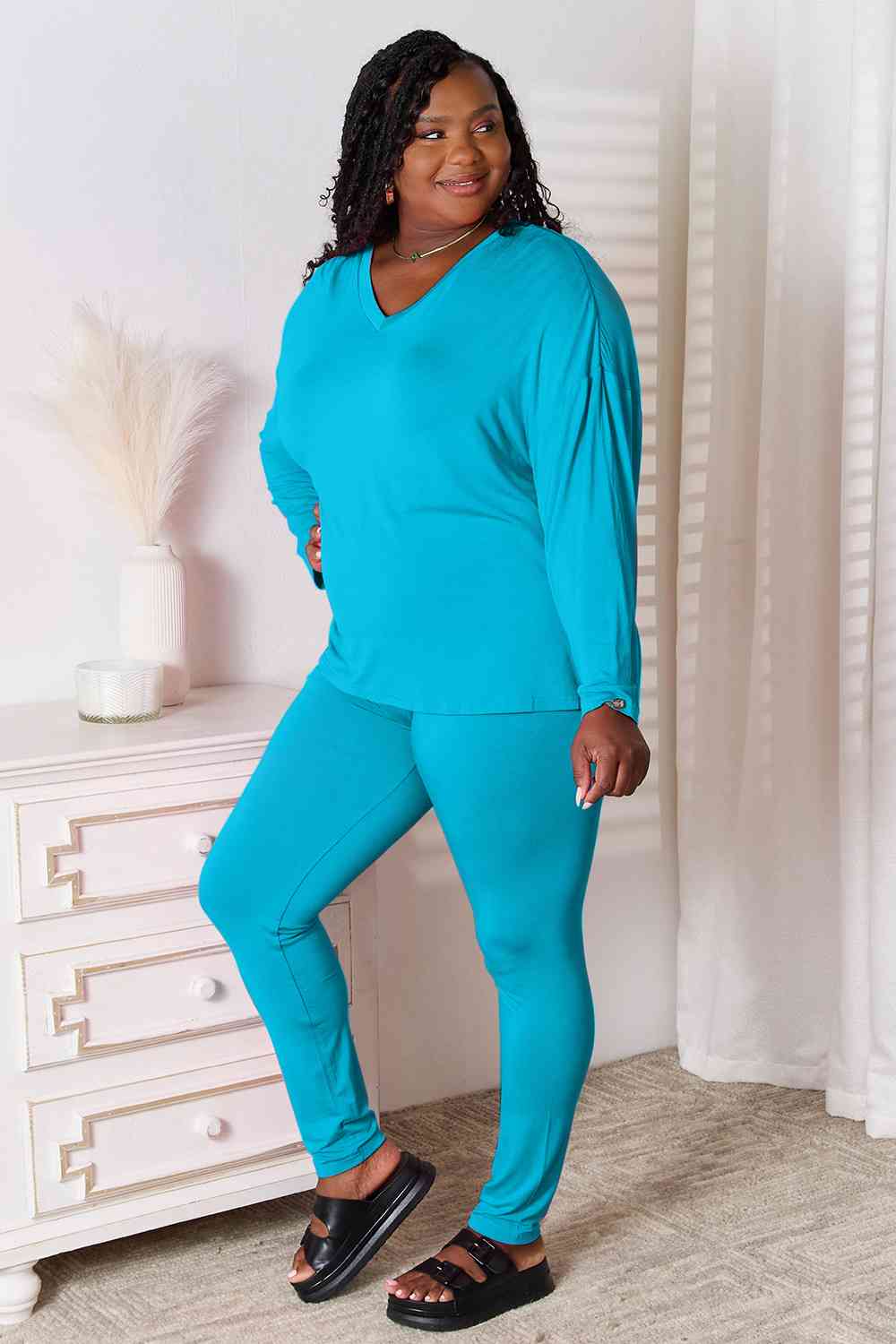 Basic Bae Full Size V - Neck Soft Rayon Long Sleeve Top and Pants Lounge Set - Two - Piece Set - Sky Blue - Bella Bourget