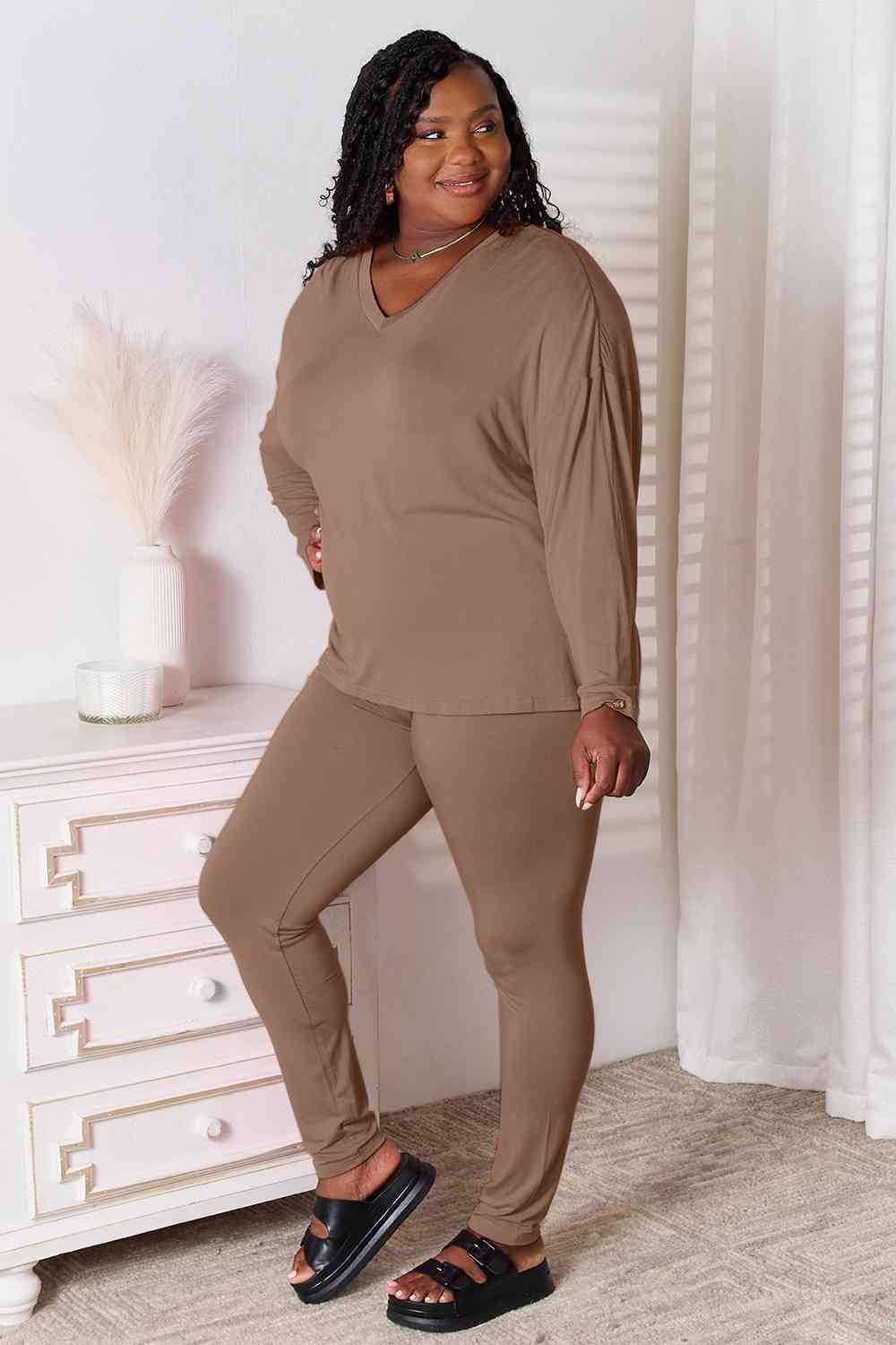 Basic Bae Full Size V - Neck Soft Rayon Long Sleeve Top and Pants Lounge Set - Two - Piece Set - Taupe - Bella Bourget