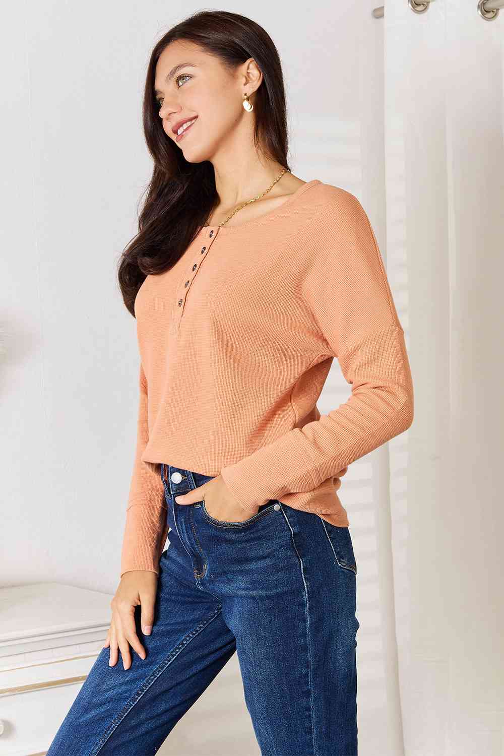 Basic Bae Half Button Long Sleeve Top - Blouse - Pumpkin - Bella Bourget