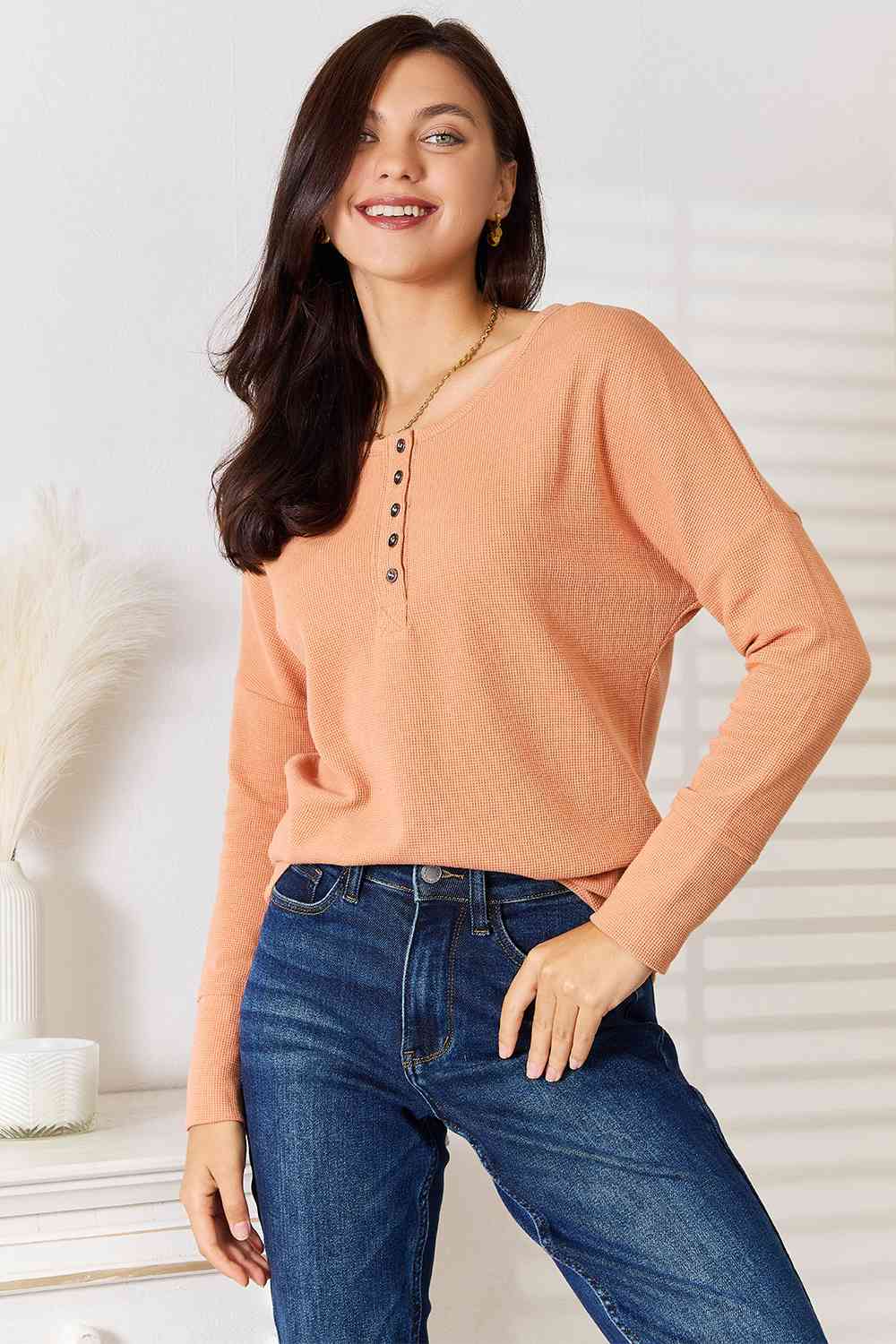 Basic Bae Half Button Long Sleeve Top - Blouse - Pumpkin - Bella Bourget