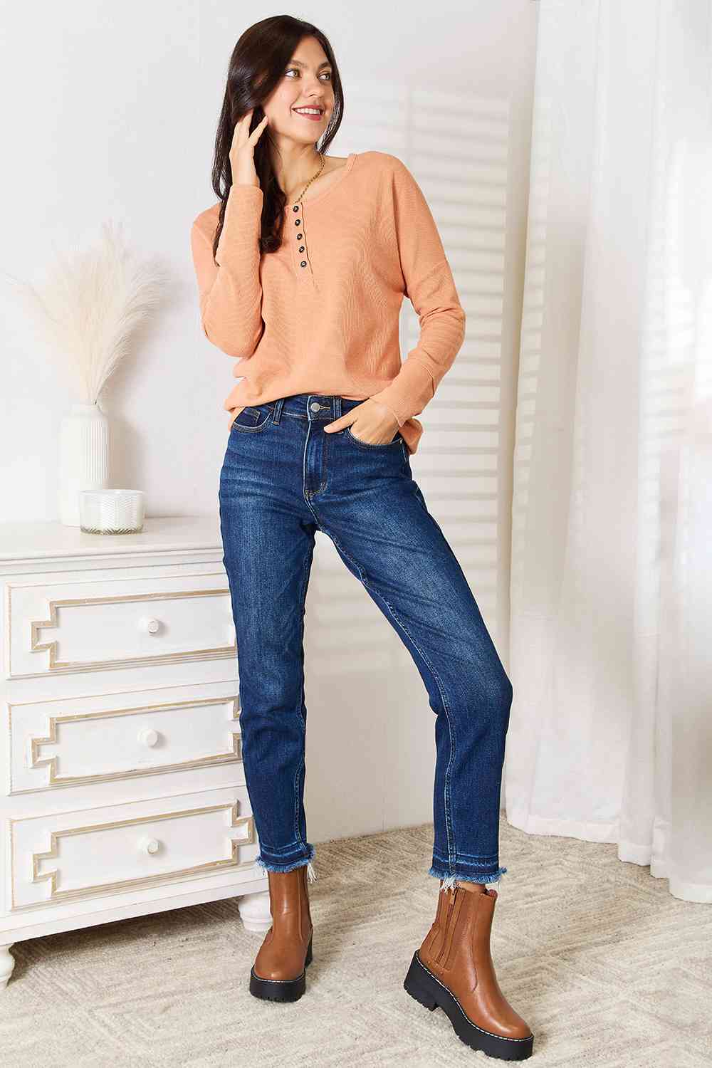 Basic Bae Half Button Long Sleeve Top - Blouse - Pumpkin - Bella Bourget