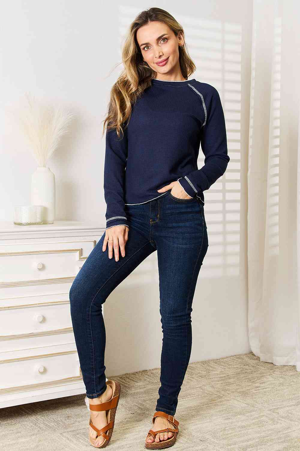 Basic Bae Long Raglan Sleeve Round Neck Top - Top - Navy - Bella Bourget