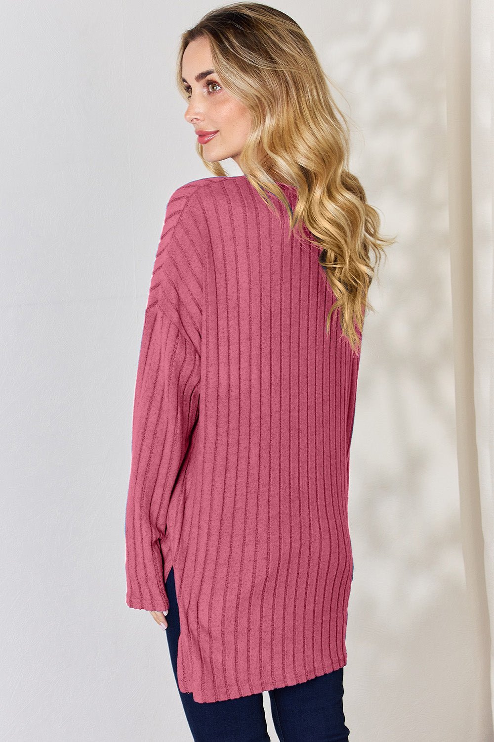 Basic Bae Ribbed Half Button Long Sleeve High - Low T - Shirt (Full Size) - Shirt - Hot Pink - Bella Bourget