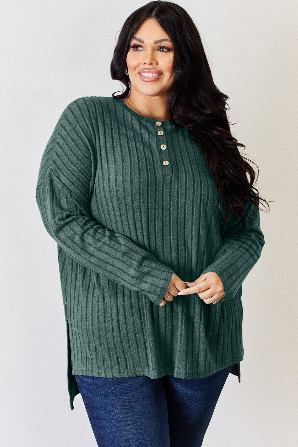 Basic Bae Ribbed Half Button Long Sleeve High - Low T - Shirt (Full Size) - Shirt - Gum Leaf - Bella Bourget