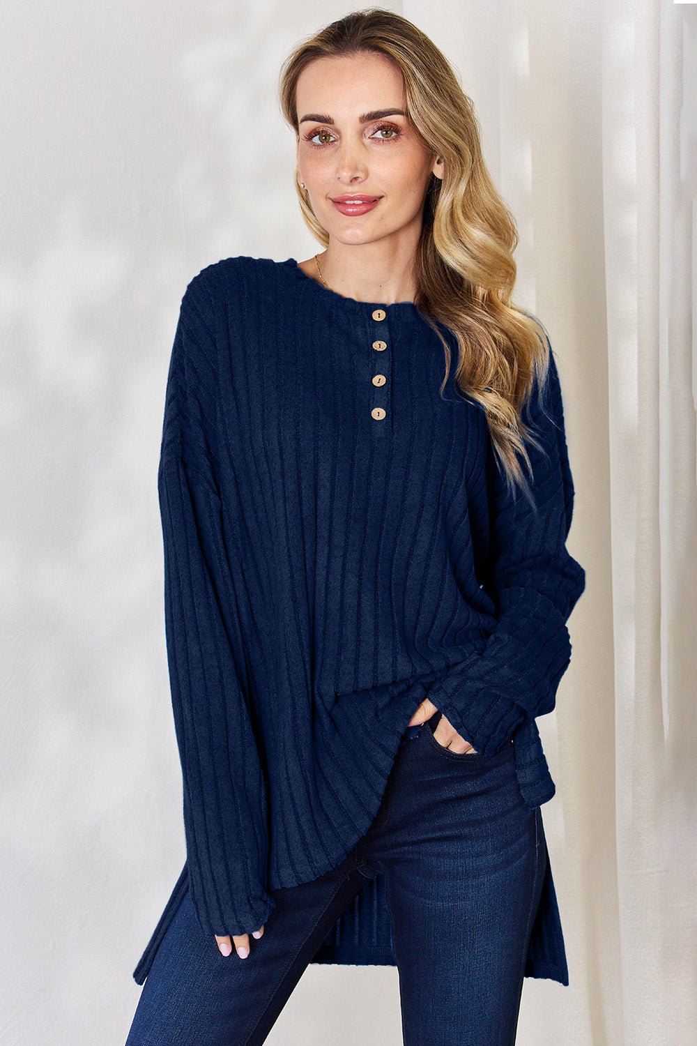 Basic Bae Ribbed Half Button Long Sleeve High - Low T - Shirt (Full Size) - Shirt - Peacock Blue - Bella Bourget