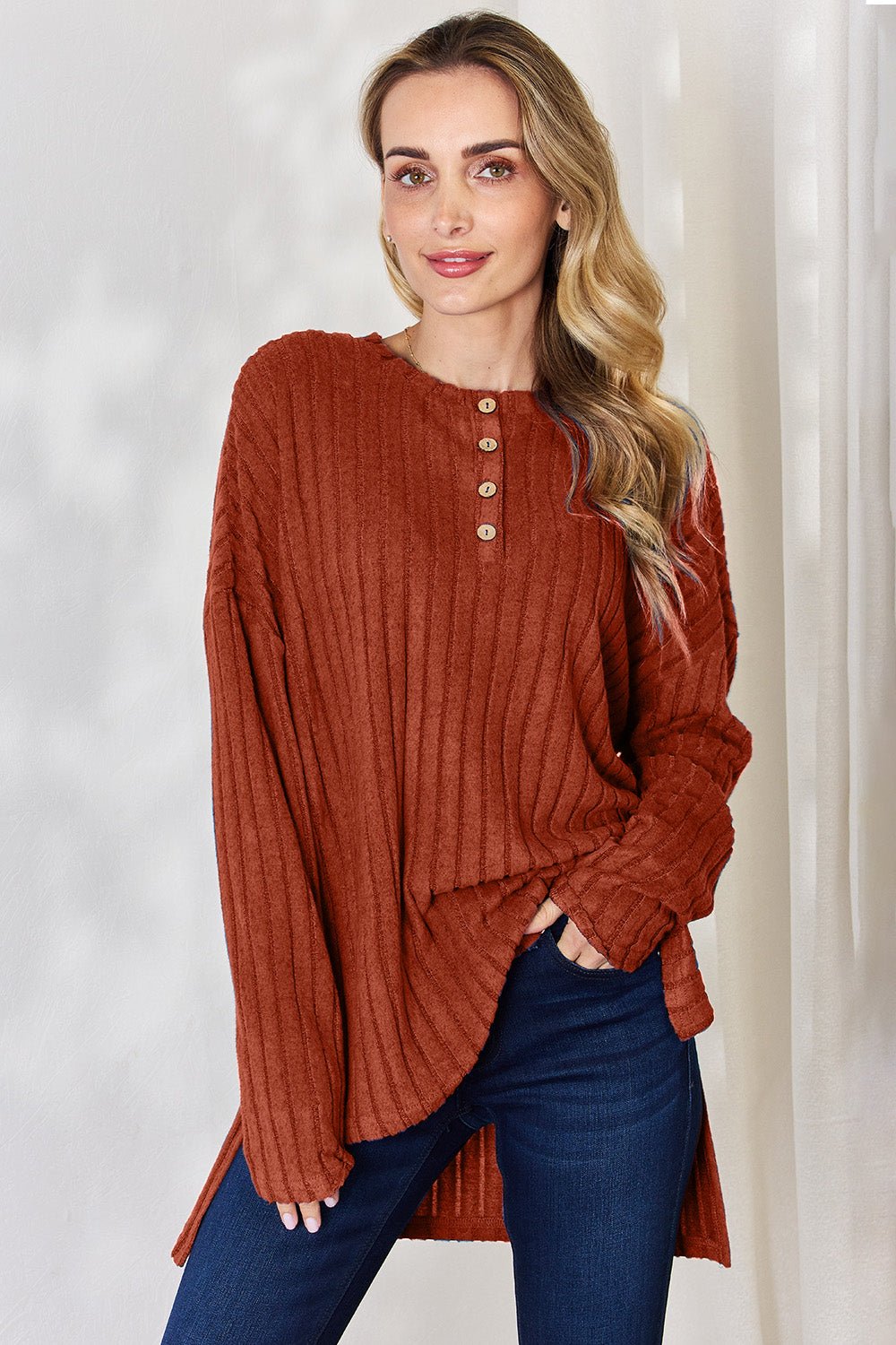 Basic Bae Ribbed Half Button Long Sleeve High - Low T - Shirt (Full Size) - Shirt - Brick Red - Bella Bourget