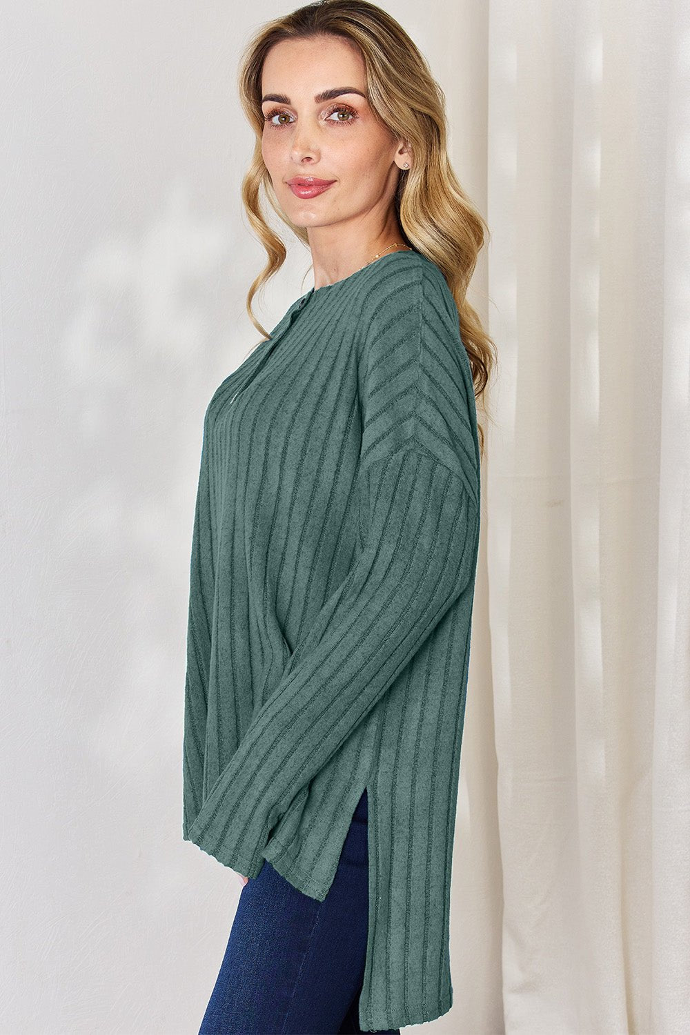 Basic Bae Ribbed Half Button Long Sleeve High - Low T - Shirt (Full Size) - Shirt - Gum Leaf - Bella Bourget