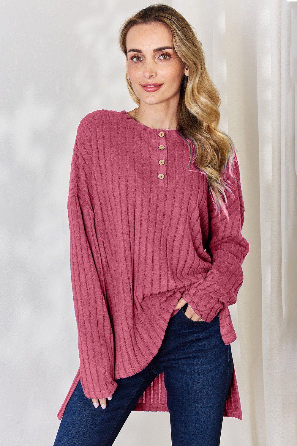 Basic Bae Ribbed Half Button Long Sleeve High - Low T - Shirt (Full Size) - Shirt - Hot Pink - Bella Bourget