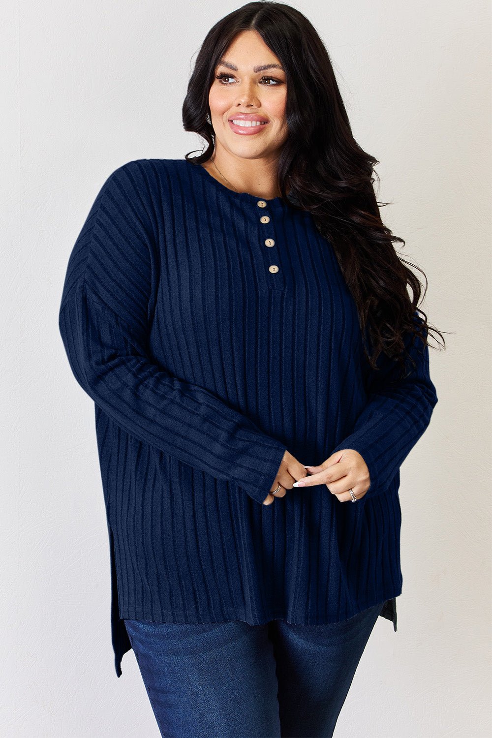 Basic Bae Ribbed Half Button Long Sleeve High - Low T - Shirt (Full Size) - Shirt - Peacock Blue - Bella Bourget