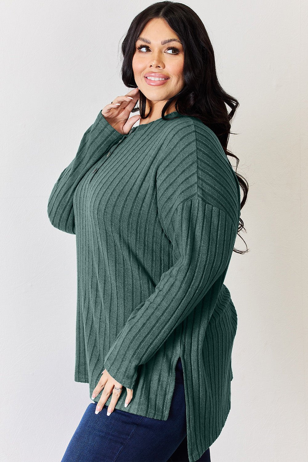 Basic Bae Ribbed Half Button Long Sleeve High - Low T - Shirt (Full Size) - Shirt - Gum Leaf - Bella Bourget