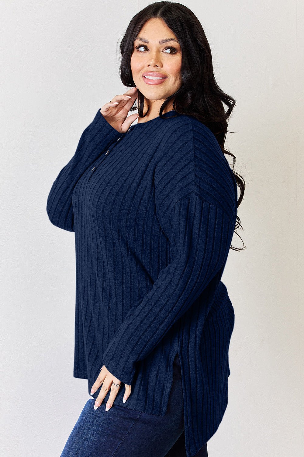 Basic Bae Ribbed Half Button Long Sleeve High - Low T - Shirt (Full Size) - Shirt - Peacock Blue - Bella Bourget