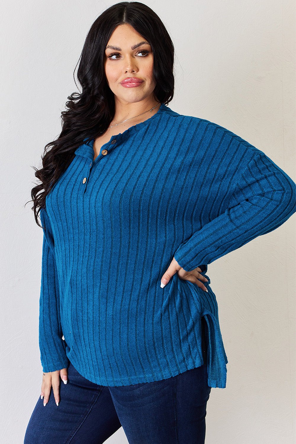 Basic Bae Ribbed Half Button Long Sleeve High - Low T - Shirt (Full Size) - Shirt - Sky Blue - Bella Bourget